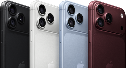 Plusieurs iPhone 18 Pro alignés, face arrière, dans les quatre finitions: bordeaux, glacier, argent, noir, système caméra Pro Fusion dans le coin supérieur gauche, 3 objectifs, micro, flash