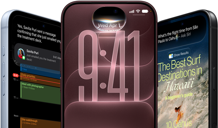 3 iPhone 18 Pro en finition glacier, bordeaux et noir, face avant, écrans montrant l’intégration de Siri AI dans l’écran verrouillé, Résumé des messages et Demander à Siri