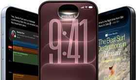 3 iPhone 18 Pro en finition glacier, bordeaux et noir, face avant, écrans montrant l’intégration de Siri AI dans l’écran verrouillé, Résumé des messages et Demander à Siri