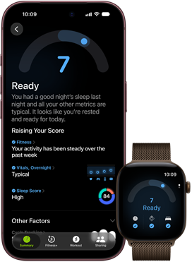 iPhone 18 Pro nero mostrato di fronte, con un punteggio di 7 punti nella funzione Preparazione, abbinato a un Apple Watch marrone mostrato di fronte con lo stesso punteggio di 7 punti nella funzione Preparazione