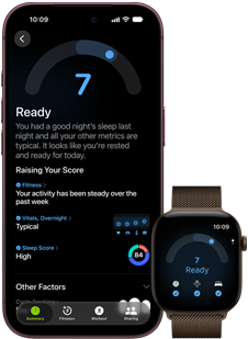 iPhone 18 Pro nero mostrato di fronte, con un punteggio di 7 punti nella funzione Preparazione, abbinato a un Apple Watch marrone mostrato di fronte con lo stesso punteggio di 7 punti nella funzione Preparazione