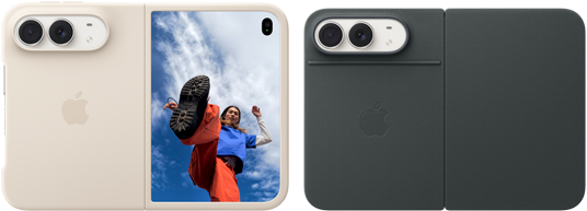 iPhone Duo, Farbe Sternenweiss in Silikon Case in Sand, Querformat, vollständig geöffnet, Dual Fusion Kameras oben links, das Case bedeckt die Rückseite und den äusseren Rand des Displays, die rechte Seite zeigt das Porträt einer Person auf dem äusseren Display. iPhone Duo, Farbe Sternenweiss, aufgestellt mit dem Folio mit Standfuss in Navyblau, vollständig geöffnet im Querformat, Rückseite mit den 48 MP Dual Fusion Rückkameras, zwei Objektive