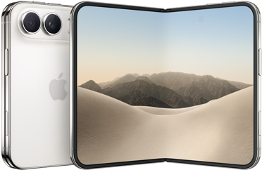 iPhone Duo, Rückseite geschlossen, Farbe Sternenweiss, Dual Fusion Kamera-System oben links, Apple Logo in der Mitte. Geöffnetes inneres Display, All‑Screen Design, gerundete Ecken