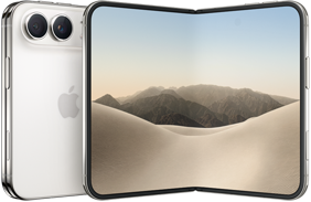 iPhone Duo, Rückseite geschlossen, Farbe Sternenweiss, Dual Fusion Kamera-System oben links, Apple Logo in der Mitte. Geöffnetes inneres Display, All‑Screen Design, gerundete Ecken