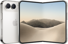 iPhone Duo, Rückseite geschlossen, Farbe Sternenweiss, Dual Fusion Kamera-System oben links, Apple Logo in der Mitte. Geöffnetes inneres Display, All‑Screen Design, gerundete Ecken