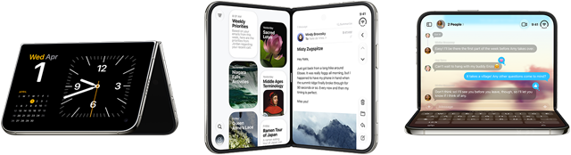 iPhone Duo in verschiedenen Positionen: umgedreht im offenen Querformat, in einem leichten Winkel geöffnet, äusseres Display, All‑Screen Design. Leicht geöffnet wie ein Buch und aufgestellt. Querformat geöffnet, in rechtem Winkel geöffnet, inneres Display, All-Screen Design