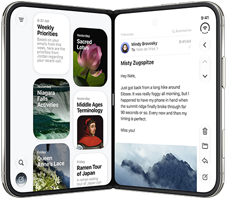 iPhone Duo in verschiedenen Positionen: umgedreht im offenen Querformat, in einem leichten Winkel geöffnet, äusseres Display, All‑Screen Design. Leicht geöffnet wie ein Buch und aufgestellt. Querformat geöffnet, in rechtem Winkel geöffnet, inneres Display, All-Screen Design