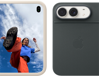 iPhone Duo, Star White color in Sand Silicone Case, landscape orientation, fully opened horizontally, Dual Fusion cameras on the top left, case covers the back exterior and outer edge of the front display, right side features portrait of person on outer display. iPhone Duo, Star White color, fully opened horizontally, Navy Blue Folio with Kickstand, fully opened horizontally, back exterior featuring the 48MP Dual Fusion rear cameras, two lenses