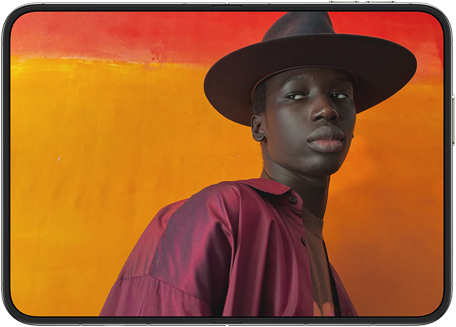 iPhone Duo opened in horizontal position, showing a close-up photograph of a male model wearing a stylish hat and a red shirt.