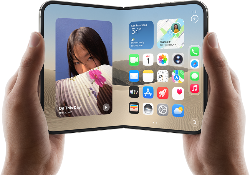 iPhone Duo, Star White color, held by two hands in landscape orientation, unfolded, interior screen displays photos on the left, apps on the right