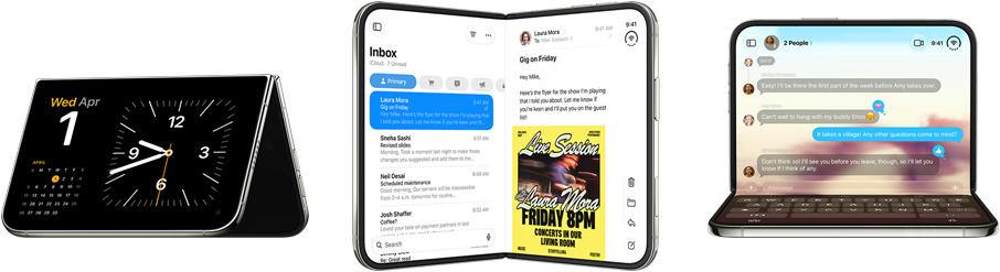 iPhone Duo, various positions: inverted open landscape orientation, unfolded at slight angle, exterior display, all-screen design. Slightly open like a book and standing upright. Open landscape orientation, unfolded at right angle, interior display, all-screen design