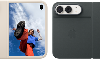 iPhone Duo, finition blanc stellaire dans une coque en silicone sable, mode paysage, entièrement ouvert en position horizontale, double caméra Fusion en haut à gauche, une coque recouvre la face extérieure arrière et le bord de l’écran interne, le côté droit présente l’écran externe affichant l’image d’une personne. iPhone Duo, finition blanc stellaire, appuyé sur le Folio marine avec support, complètement ouvert à l’horizontale ; la face extérieure arrière met en évidence la double caméra Fusion 48 MP, deux objectifs