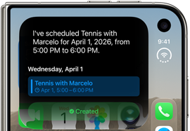 iPhone Duo, replié, écran extérieur affichant une notification Siri IA qui indique une mise à jour du calendrier