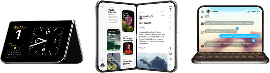 iPhone Duo, différentes positions : ouvert en mode paysage inversé, entrouvert, écran externe, design tout écran. Entrouvert façon livre, en position verticale. Ouvert en mode paysage, déplié en angle droit, écran interne, design tout écran