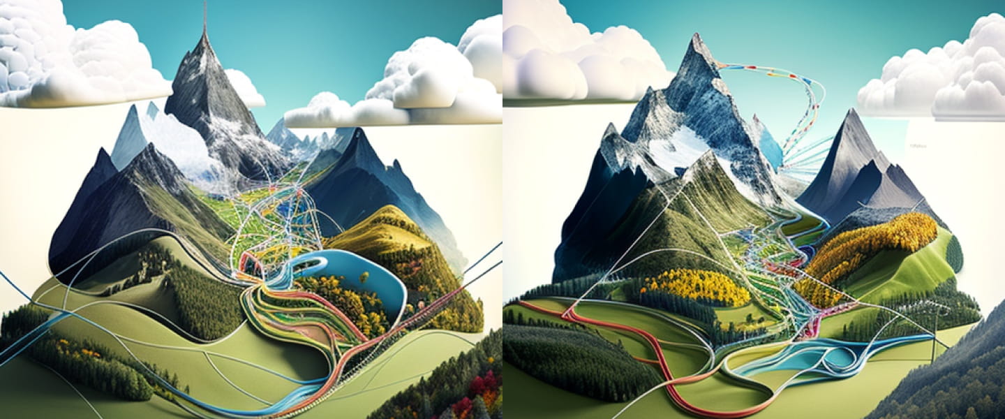 Ein KI-generiertes Bild dass einige Berge, sie sind mit feinen Drähten verbunden. Im Tal sind weitere Verbindungen in Form von farbigen Bändern zu sehen.