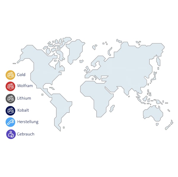 BNE Weltkarte mit Ländern für den Rohstoffabbau