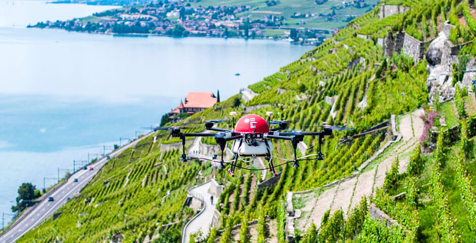 Sprühcopter im Weinbaugebiet Lavaux