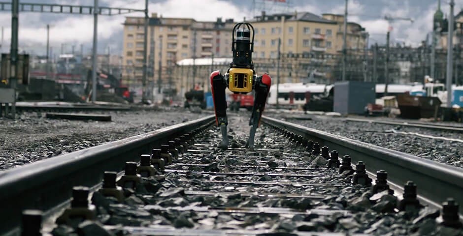 Spot, the robot dog, patrols the train tracks.
