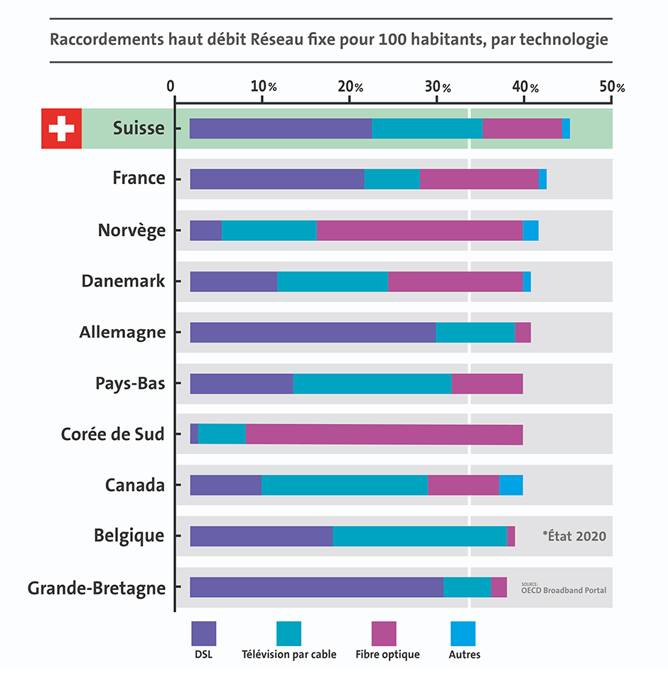Infografique: Raccordements haut débit Réseau fixe pour 100 habitants, par technologie