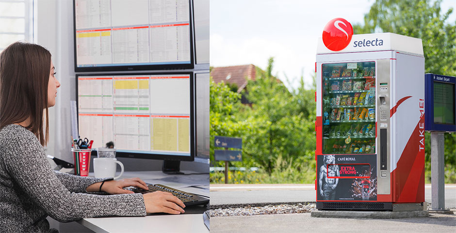Femme à gauche devant le PC, machine Selecta à droite