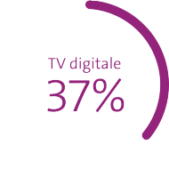 Il grafico mostra le quota di mercato in percentuale: telefonia mobile 56%*, banda larga 50%, TV digitale 37%