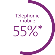 Le graphique montre les parts de marché en pour cent: téléphonie mobile 55%*, haut débit 50%, télévision 39%.