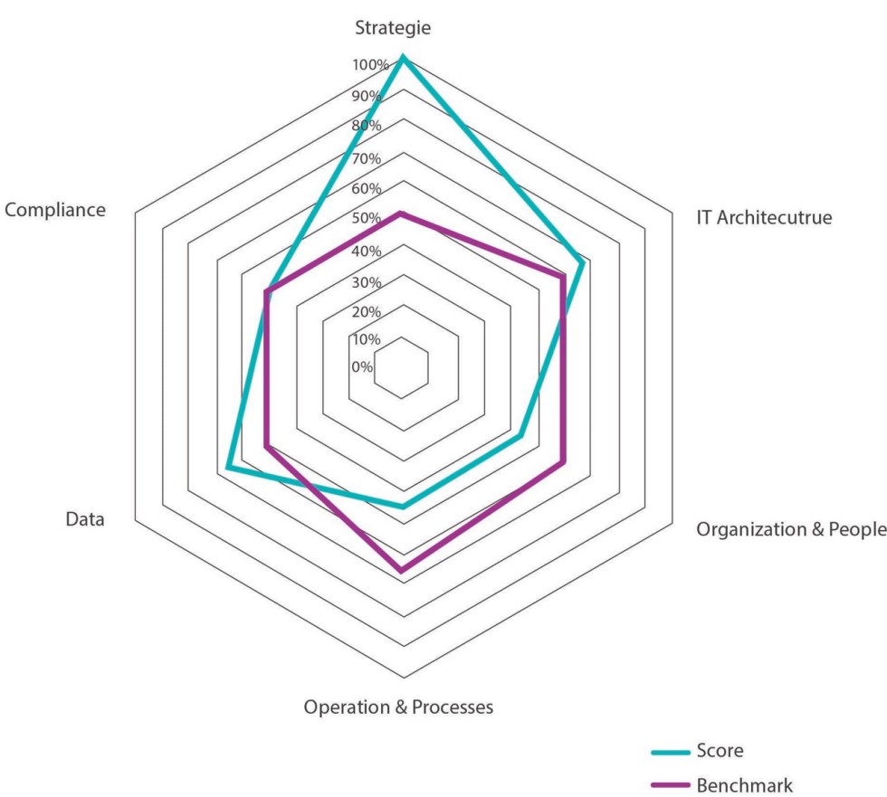 Ein Beispiel eines Data Maturity Radars mit den Bedingungen, Data, Compliance, Strategie, IT Architectur, Organization und Operation und Prozess