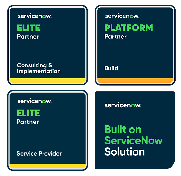 Vier Logos ServiceNow: 1 Platform, 1 Elite, und 1 Premier