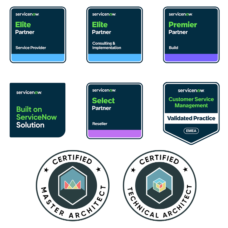 Vier Logos ServiceNow: 1 Platform, 1 Elite, und 1 Premier