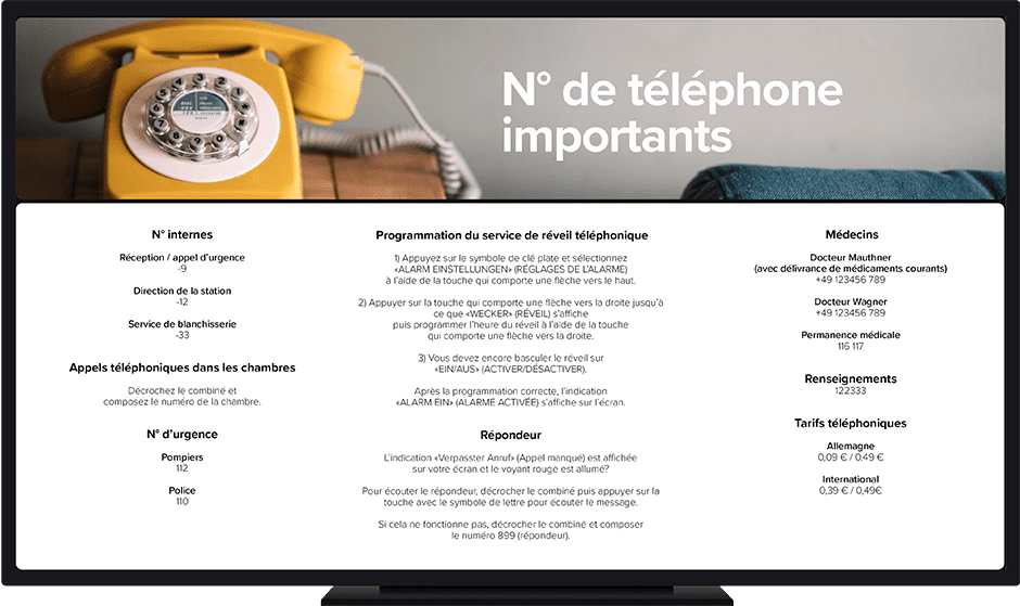 Voir rapidement les numéros de téléphone, les contacts d’urgence, la direction, la réception ou l’accueil.