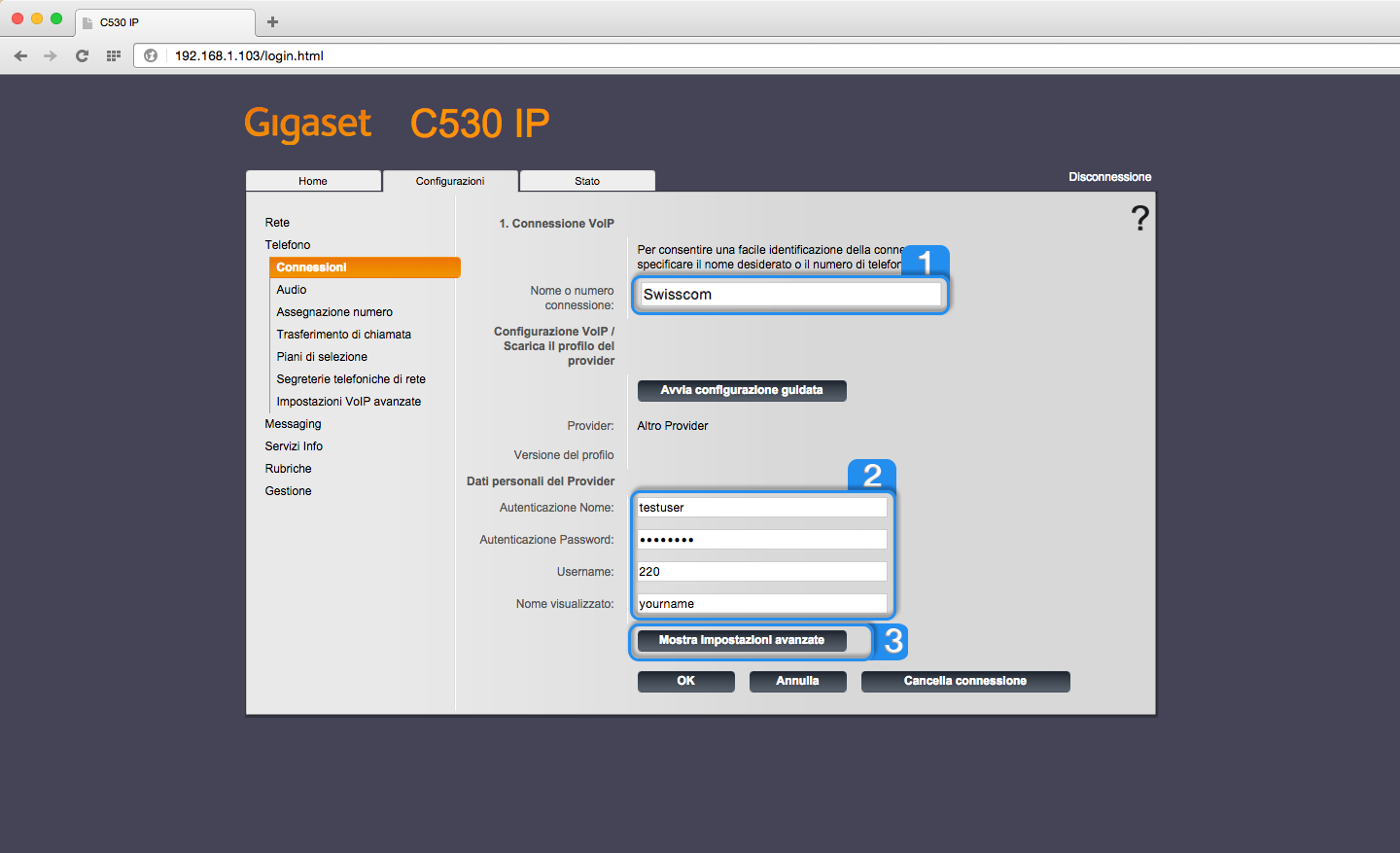 Configurazione di Gigaset 530 IP Screenshot